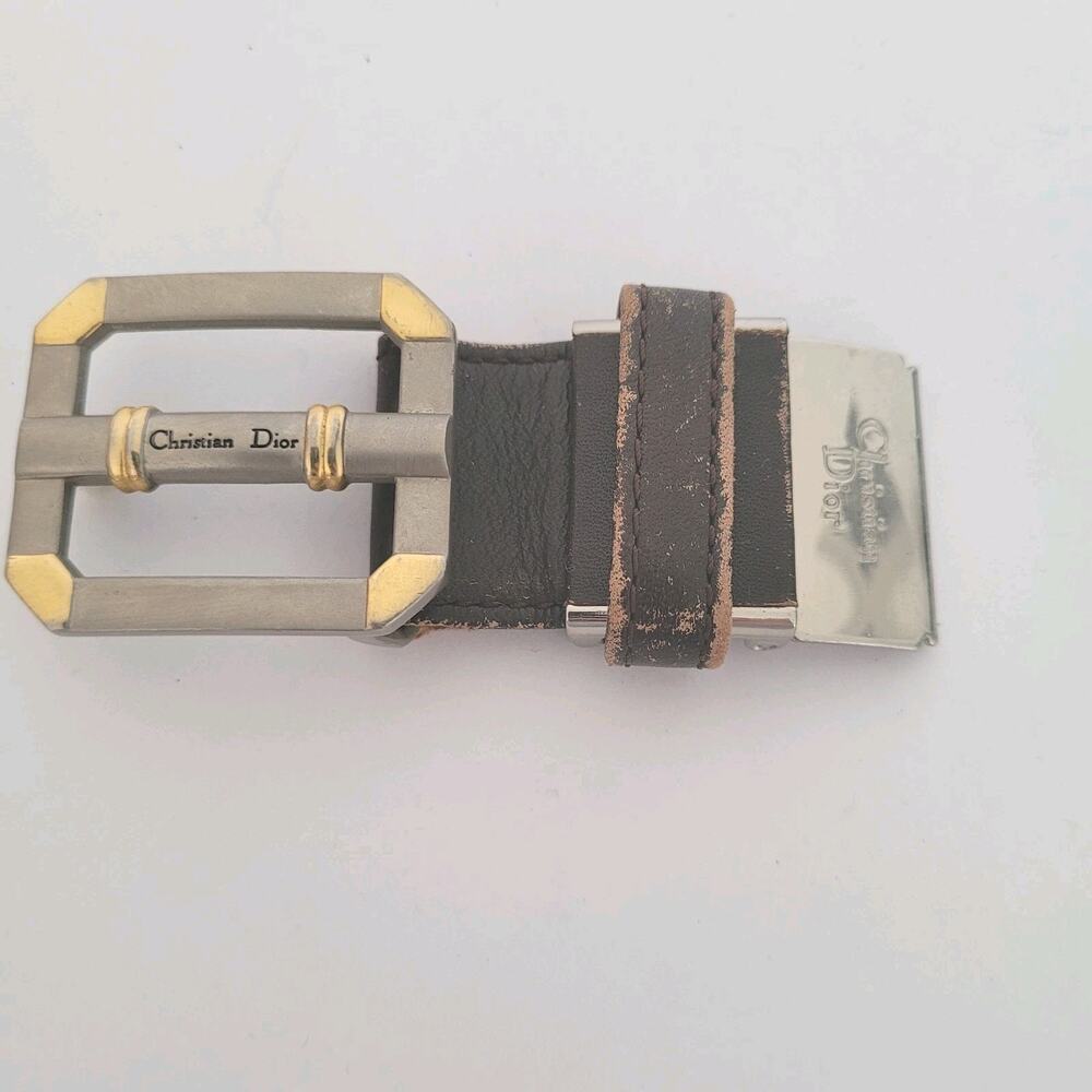 Christian Dior Gold Silver Brown Metal Belt Buckle Logo Slim Vintage